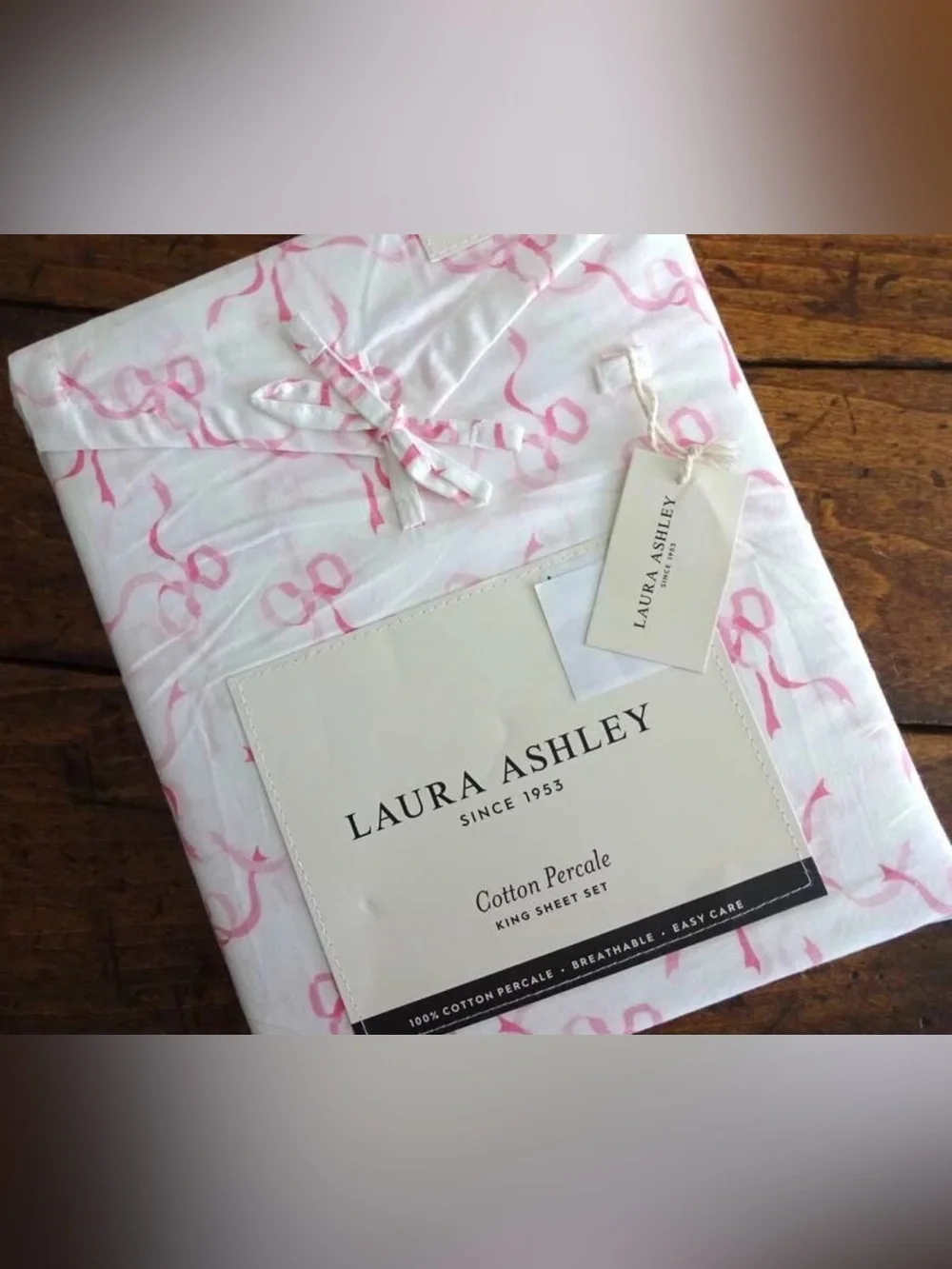 Laura Ashley pink trailing bows ribbon king sheet coquette shabby chic cottage